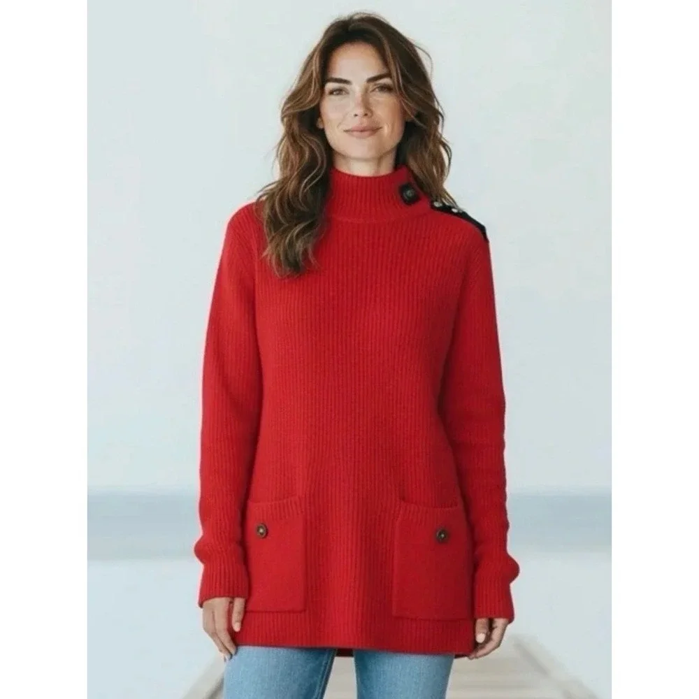 Chico's Touch of Cashmere Tunic Sweater Rojo Red Turtleneck Pockets Size 1 M